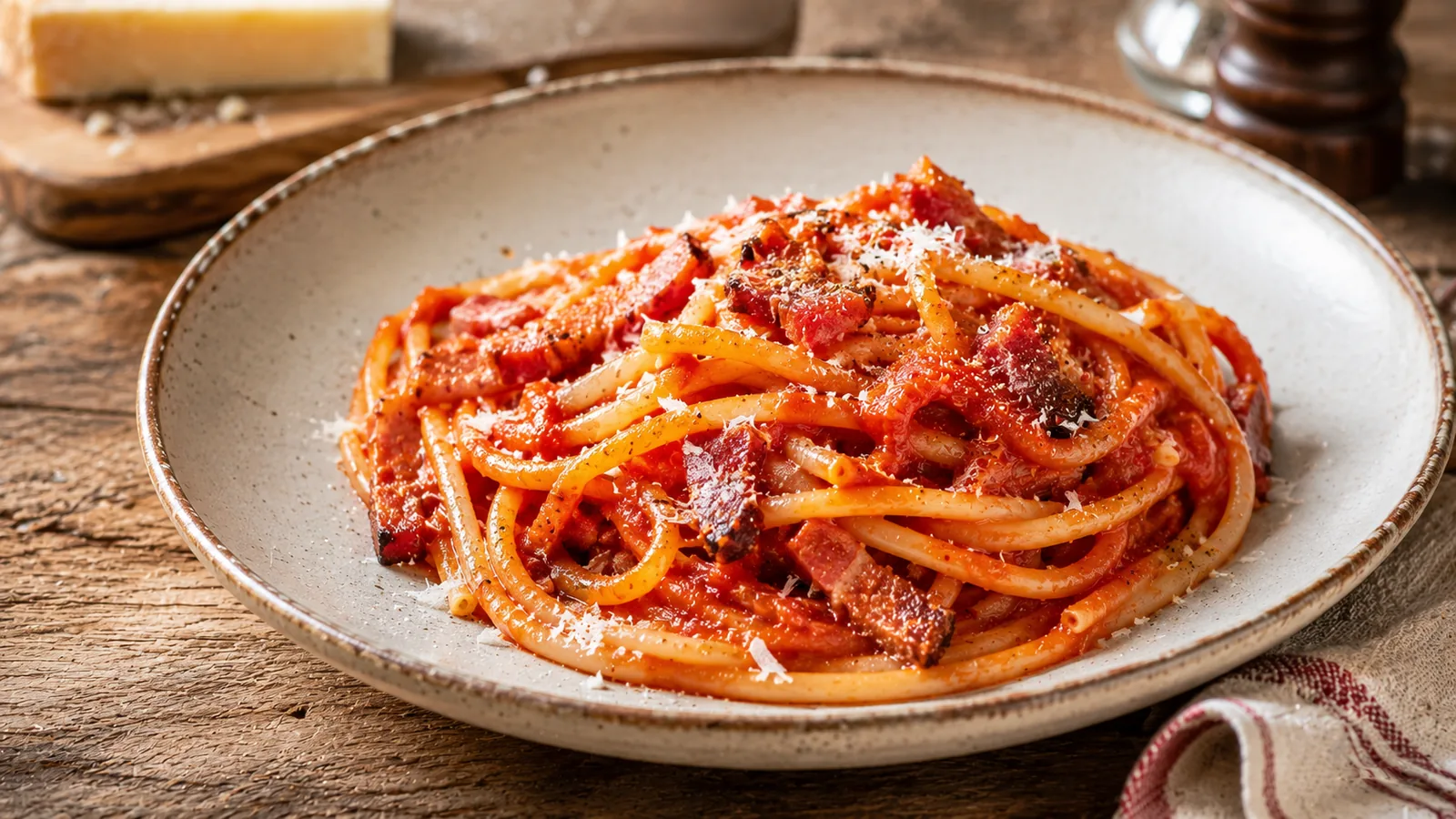 Teller Pasta all'Amatriciana mit Tomatensauce, knuspriger Pancetta und geriebenem Pecorino