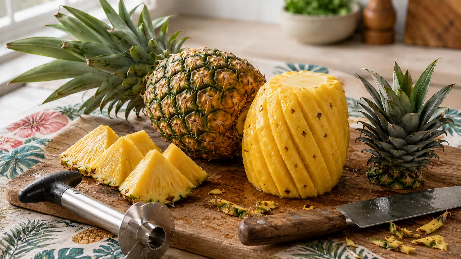 Ananas auf einem Holzbrett, eine Hälfte bereits geschält mit sichtbaren V-Rillen, daneben ein großes Kochmesser