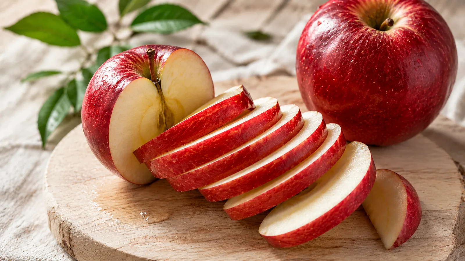 Aufgeschnittener roter Apfel mit Schale auf einem Holzbrett