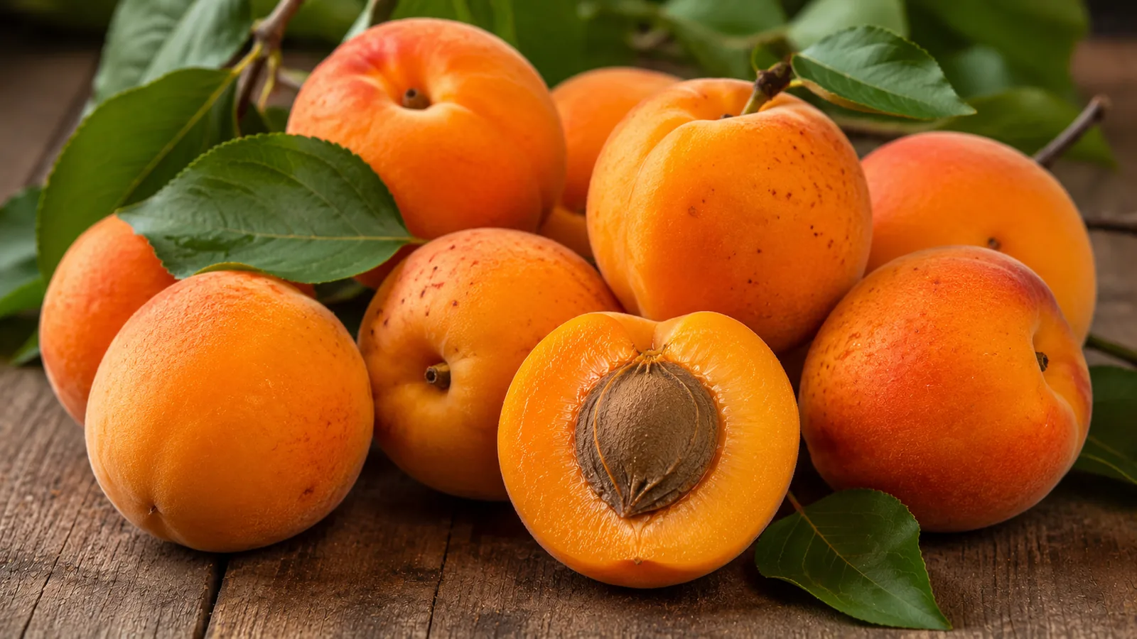 Frische orange Aprikosen mit samtiger Schale, eine davon halbiert mit sichtbarem Stein