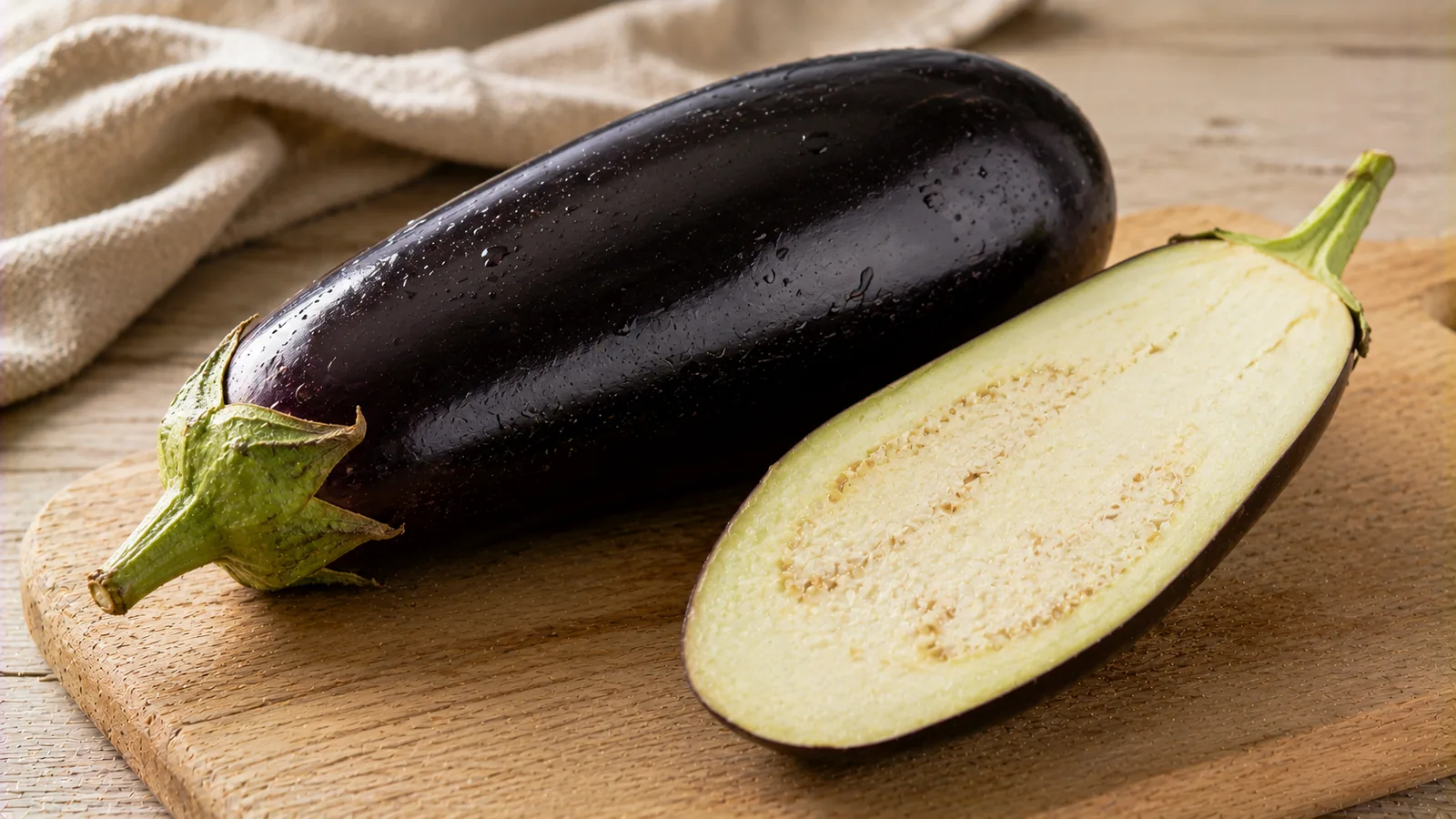 Frische violette Aubergine mit glänzender Schale und grünem Stielkelch auf einem Holzbrett