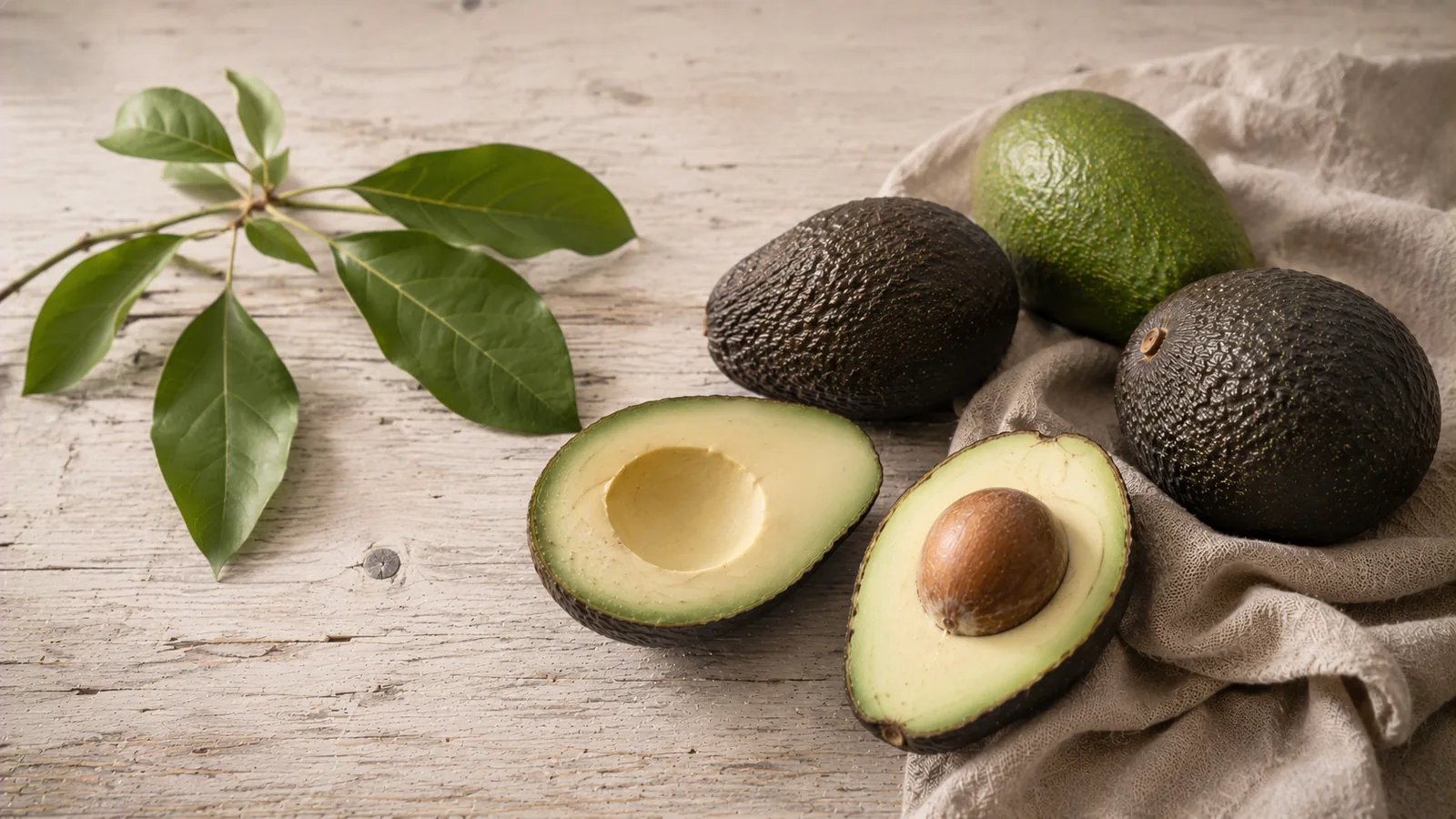 Aufgeschnittene reife Avocado mit Kern neben ganzen Avocados auf hellem Holzuntergrund