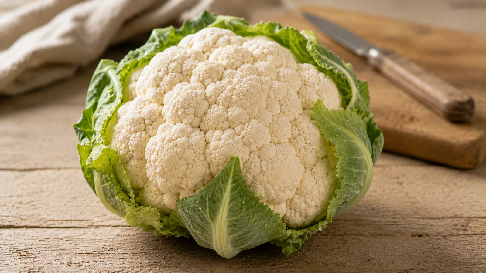 Frischer weißer Blumenkohlkopf mit grünen Umblättern auf einem Holztisch