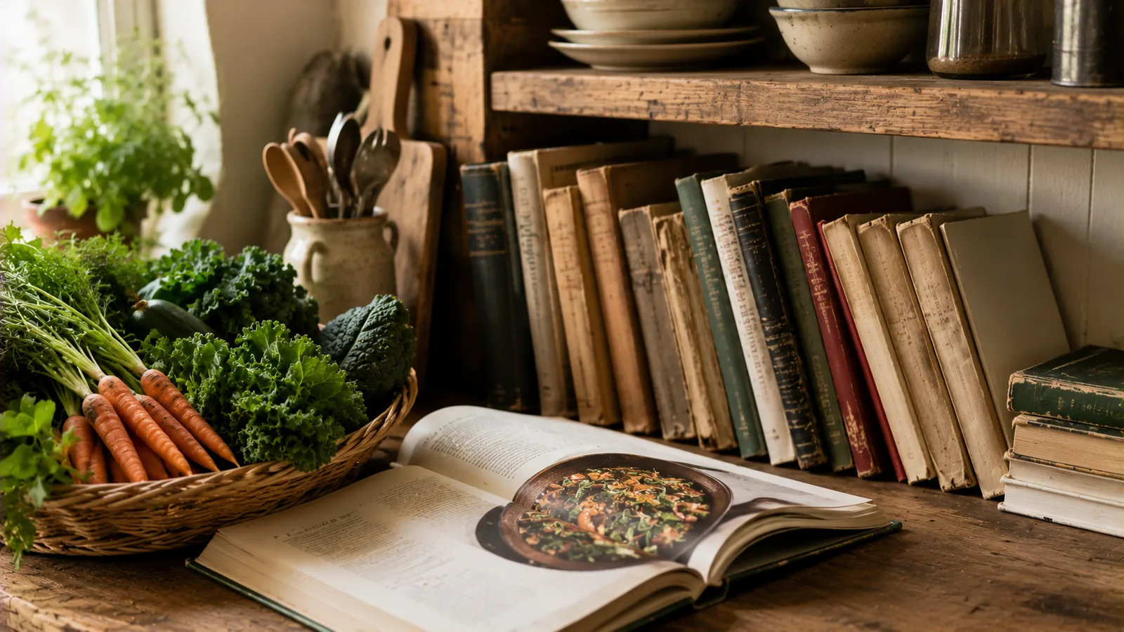 Küchenregal mit Kochbüchern und Ernährungsratgebern neben frischem Gemüse
