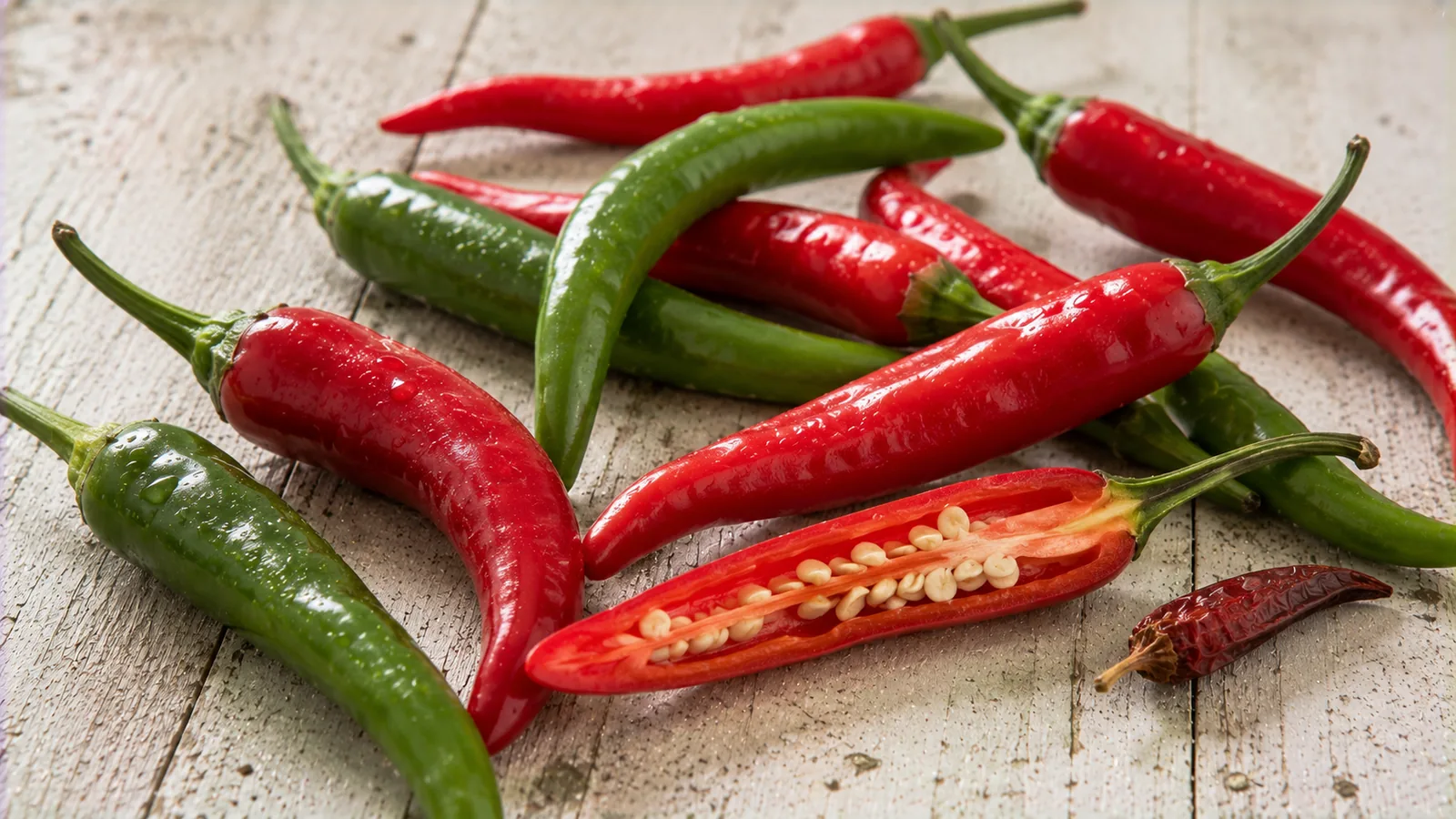 Mehrere frische rote und grüne Chilischoten auf einem hellen Holztisch, eine davon aufgeschnitten mit sichtbaren Kernen