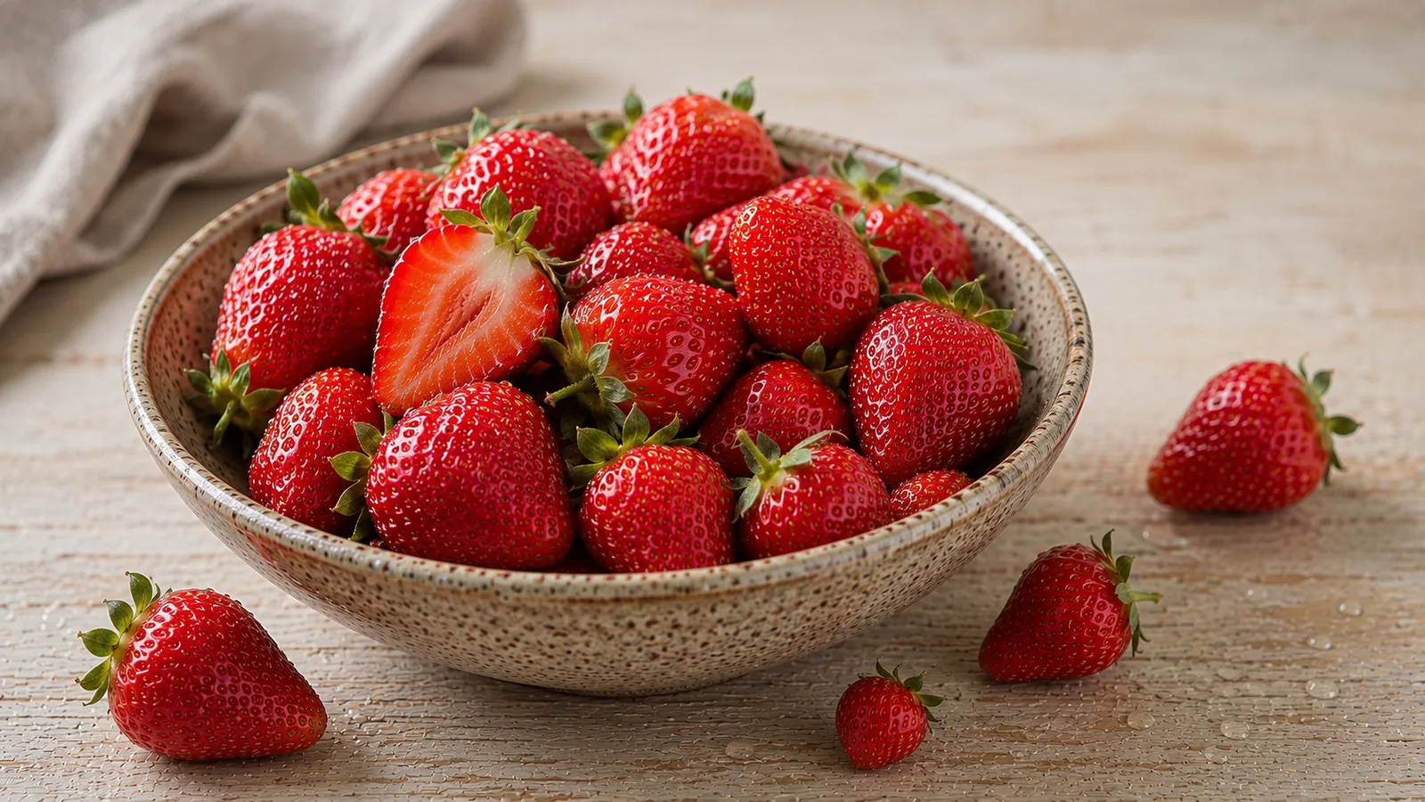 Frisch geerntete rote Erdbeeren mit grünem Kelch in einer Schale