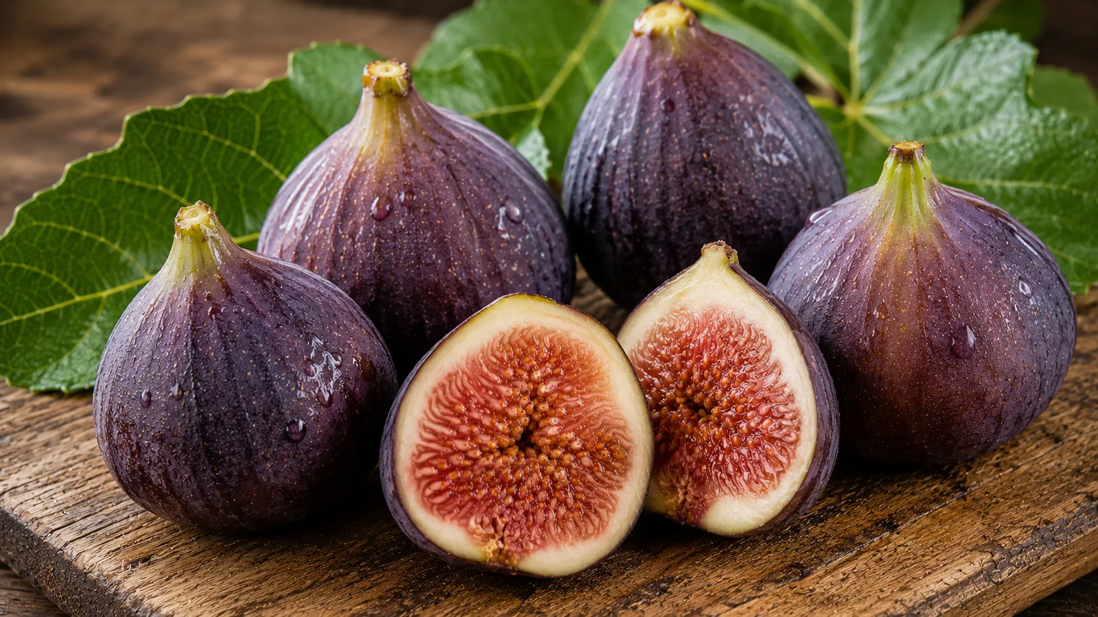 Aufgeschnittene und ganze frische Feigen auf einem Holzbrett, das rosa Fruchtfleisch mit feinen Kernen sichtbar