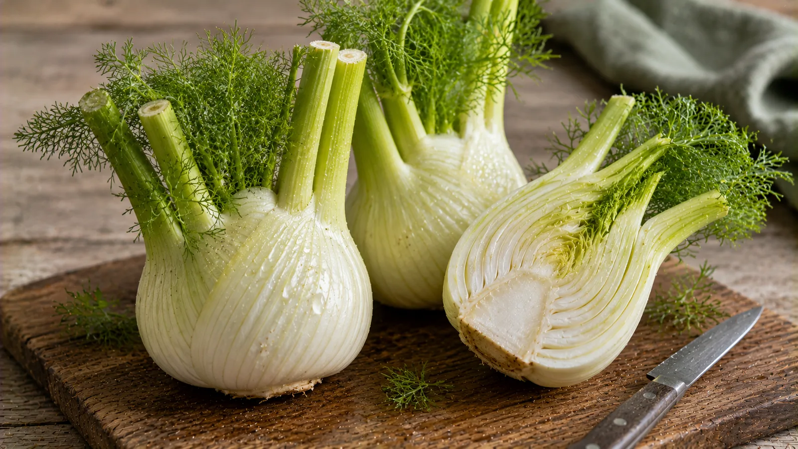 Frische Knollenfenchel mit grünem Fenchelgrün auf einem Holzbrett