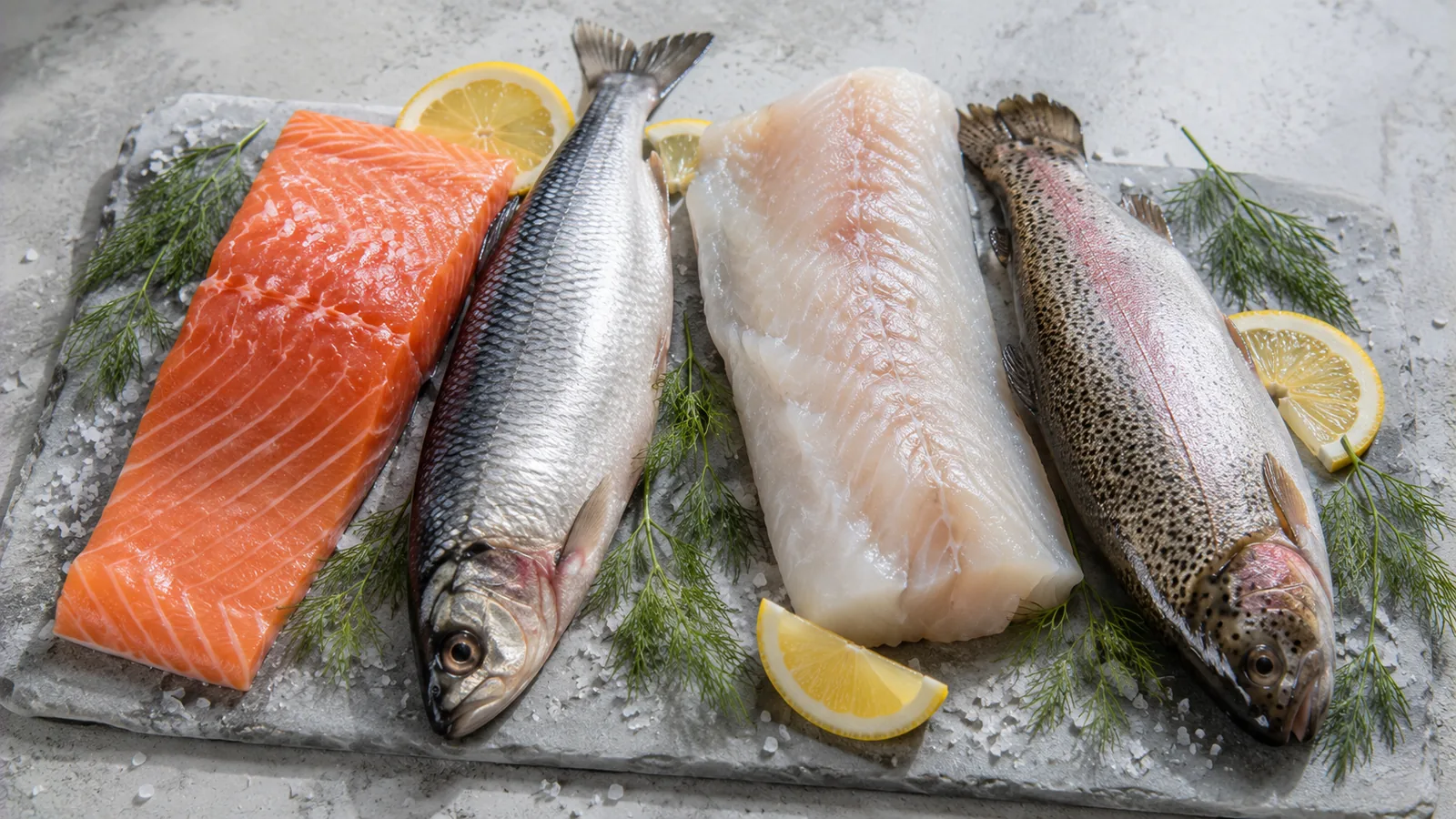 Verschiedene frische Fische wie Lachs, Hering, Kabeljau und Forelle nebeneinander auf einer Platte mit Zitrone und Kräutern