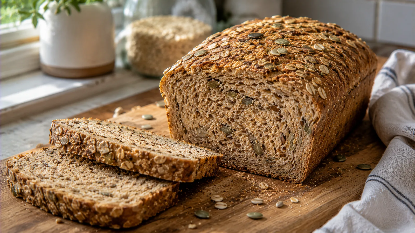 Frisch gebackenes Vollkornbrot in Scheiben auf einem Holzbrett mit Kruste und Körnern