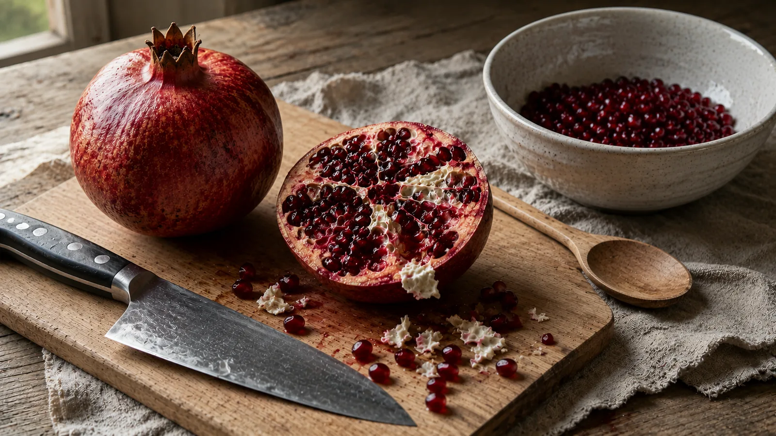 Halbierter Granatapfel auf einem Holzbrett neben einem Kochmesser und einer Schüssel mit ausgelösten roten Kernen