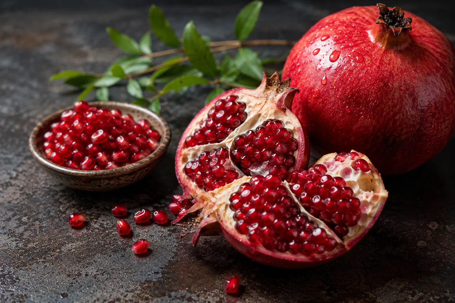 Aufgeschnittener Granatapfel mit leuchtend roten Kernen auf Holztisch