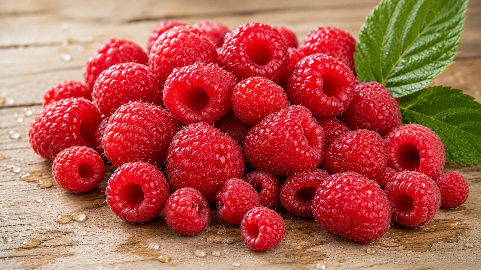 Frische rote Himbeeren mit sichtbaren feinen Kernen und Fruchthärchen aus der Nähe