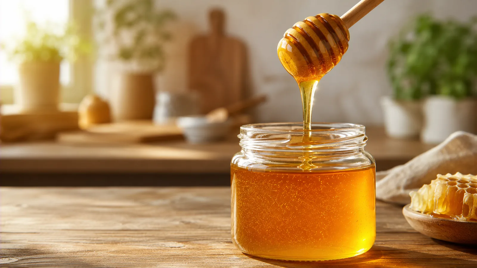Goldener Honig läuft von einem Holzlöffel in ein offenes Honigglas