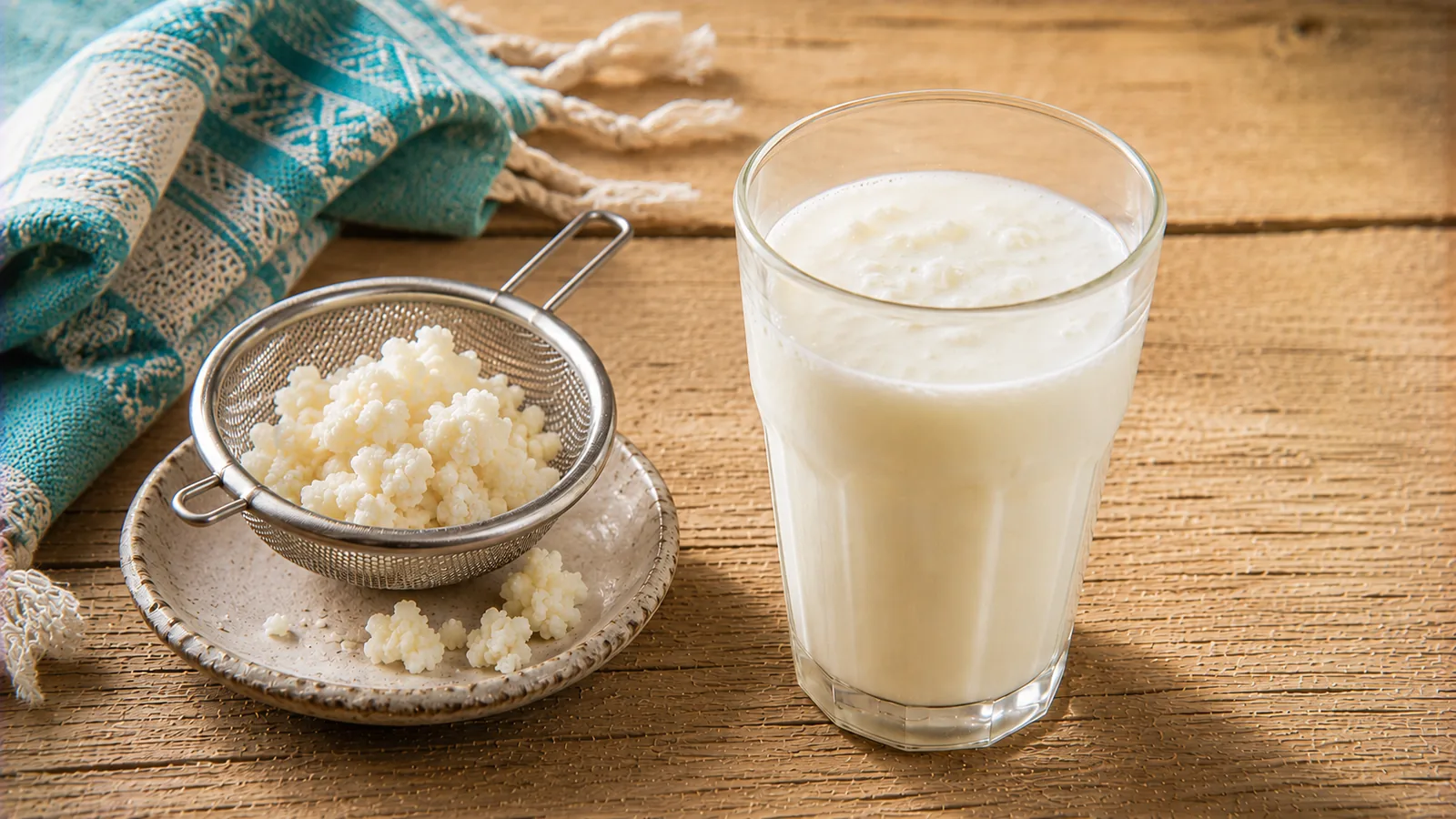 Glas mit frisch abgefülltem Kefir neben einem Sieb mit Kefirknollen