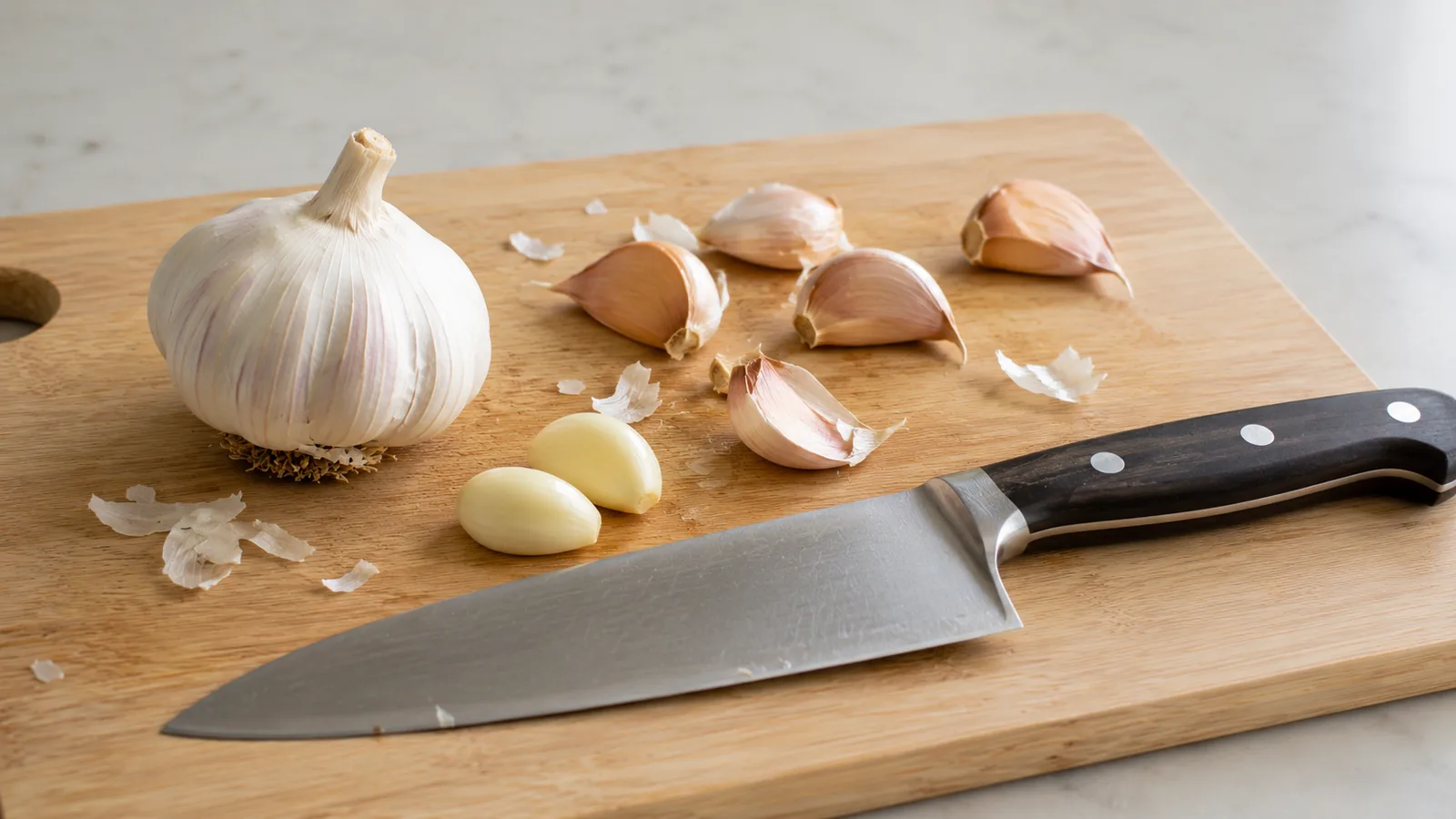 Eine Knoblauchknolle, lose Zehen mit Schale und zwei geschälte Zehen neben einem großen Kochmesser auf einem Holzbrett
