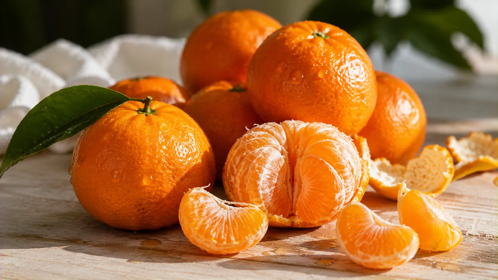 Mehrere frische Mandarinen mit grünem Blatt, eine davon geschält in Segmenten, auf hellem Holztisch