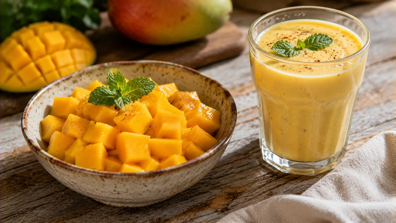 Schale mit Mangowuerfeln und ein Glas Mango-Lassi