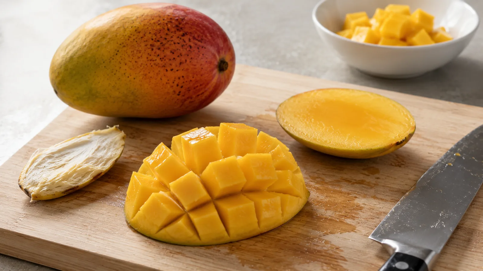 Reife Mango auf einem Holzbrett, daneben ein großes Kochmesser und eine rautenförmig eingeritzte, nach außen gestülpte Mangowange