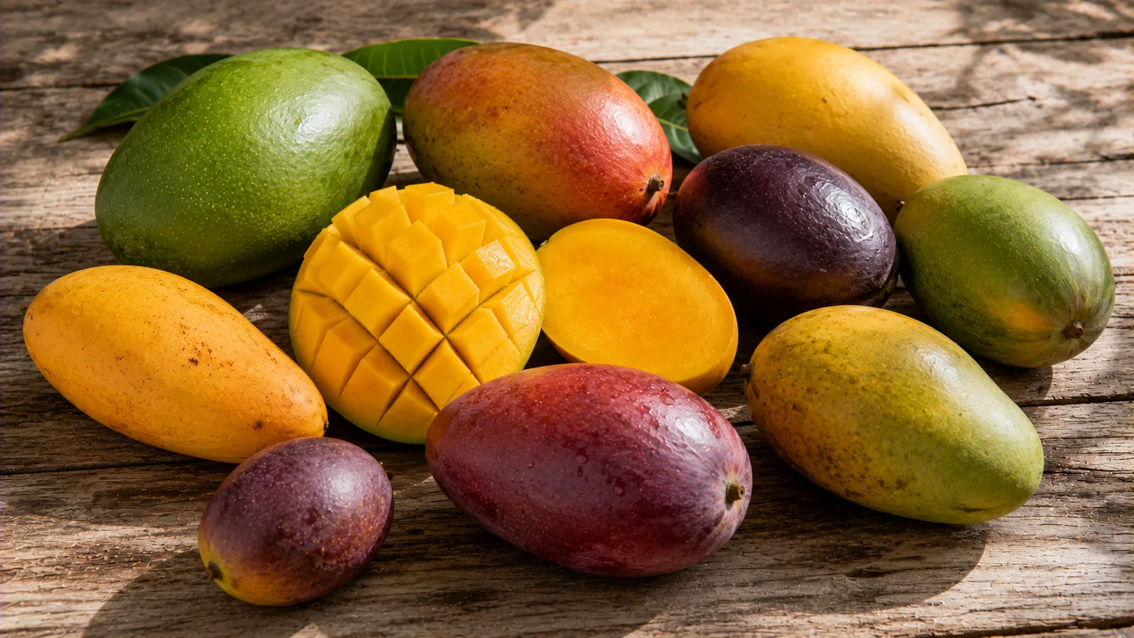 Verschiedene Mangosorten in unterschiedlichen Farben nebeneinander
