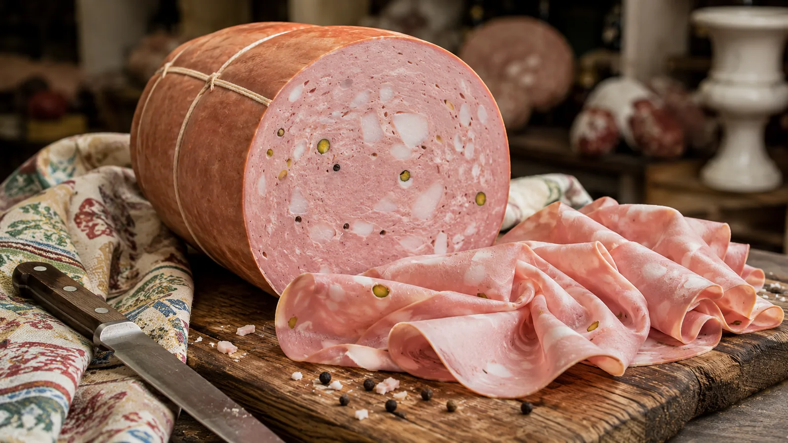 Angeschnittene große Mortadella auf einem Holzbrett, im Anschnitt blassrosa mit weißen Speckwürfeln, davor hauchdünne Scheiben in Falten gelegt