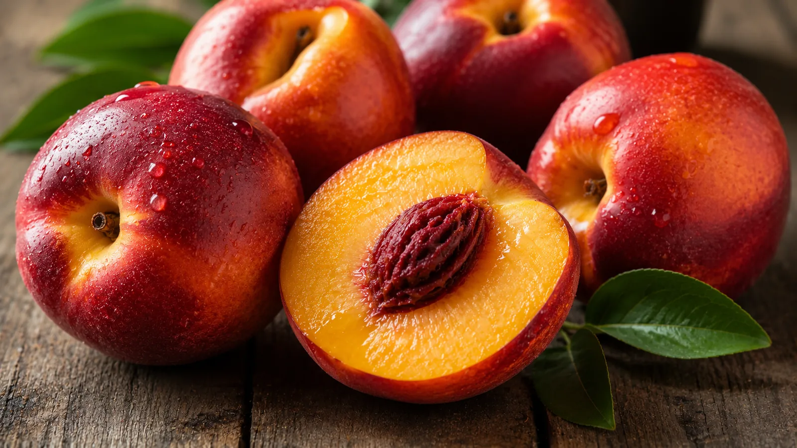 Aufgeschnittene und ganze Nektarinen mit glatter roter Schale und gelbem Fruchtfleisch