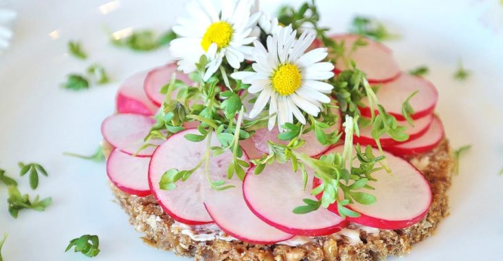 Radieschen, liebevoll mit zusätzlichen Blüten belegtes Körnerbrot