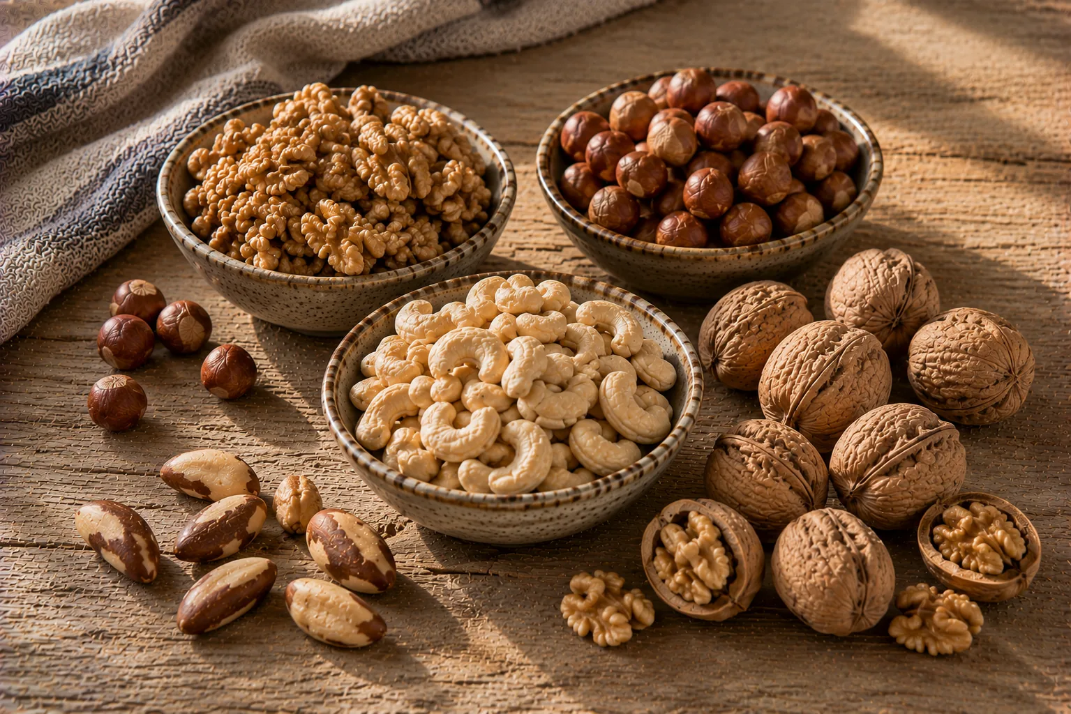 Verschiedene Nussarten wie Walnüsse, Haselnüsse, Mandeln und Cashewkerne nebeneinander