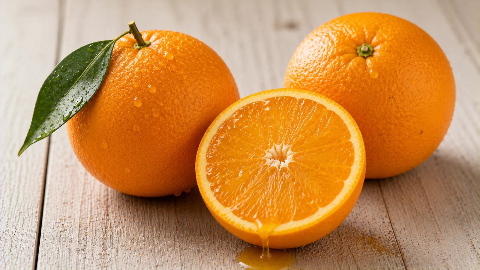 Aufgeschnittene Orange mit saftigem Fruchtfleisch neben ganzen Orangen auf hellem Holz