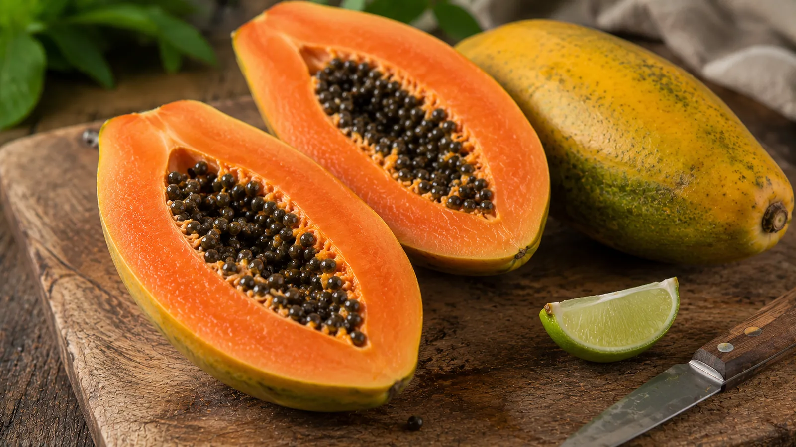 Aufgeschnittene reife Papaya mit orangefarbenem Fruchtfleisch und schwarzen Kernen