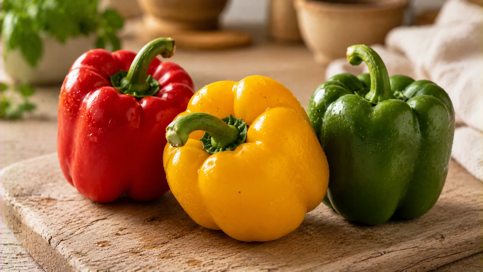 Drei frische Gemüsepaprika in Rot, Gelb und Grün nebeneinander auf einem Holzbrett