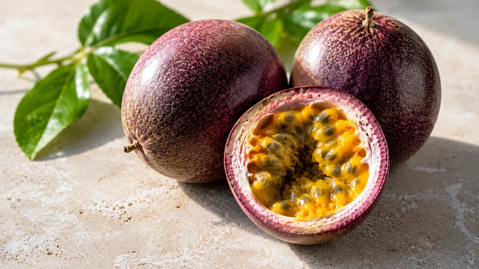 Aufgeschnittene Passionsfrucht mit goldgelbem Fruchtfleisch und dunklen Kernen