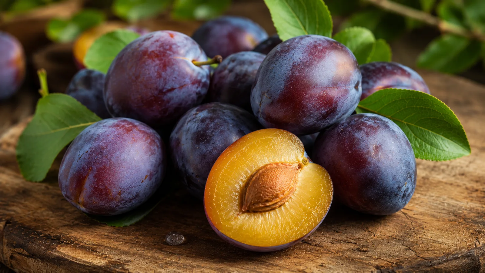 Frische blaue Pflaumen mit natürlichem Duftfilm, eine Frucht halbiert mit sichtbarem Kern