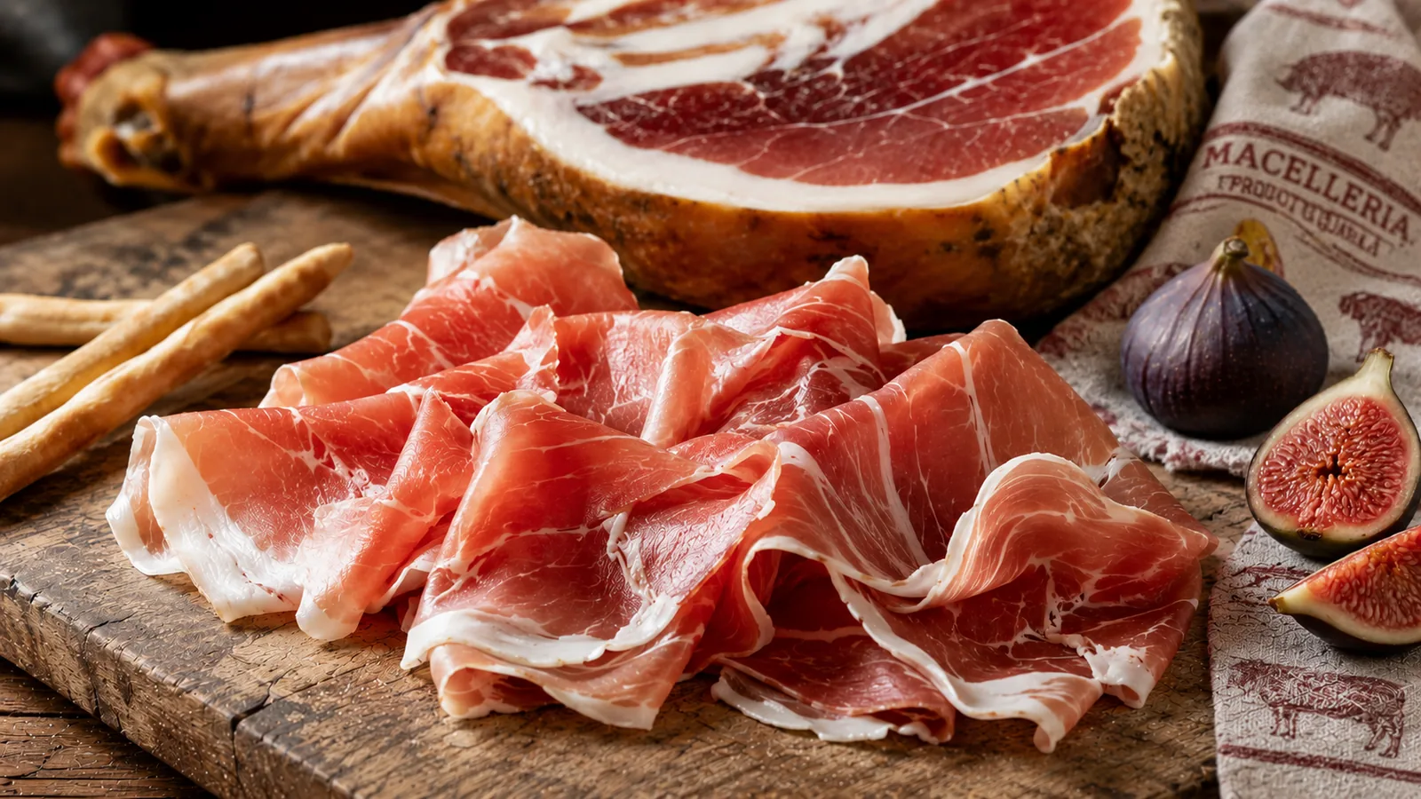 Hauchdünn aufgeschnittene Scheiben Prosciutto crudo mit weißem Fettrand auf einem Holzbrett