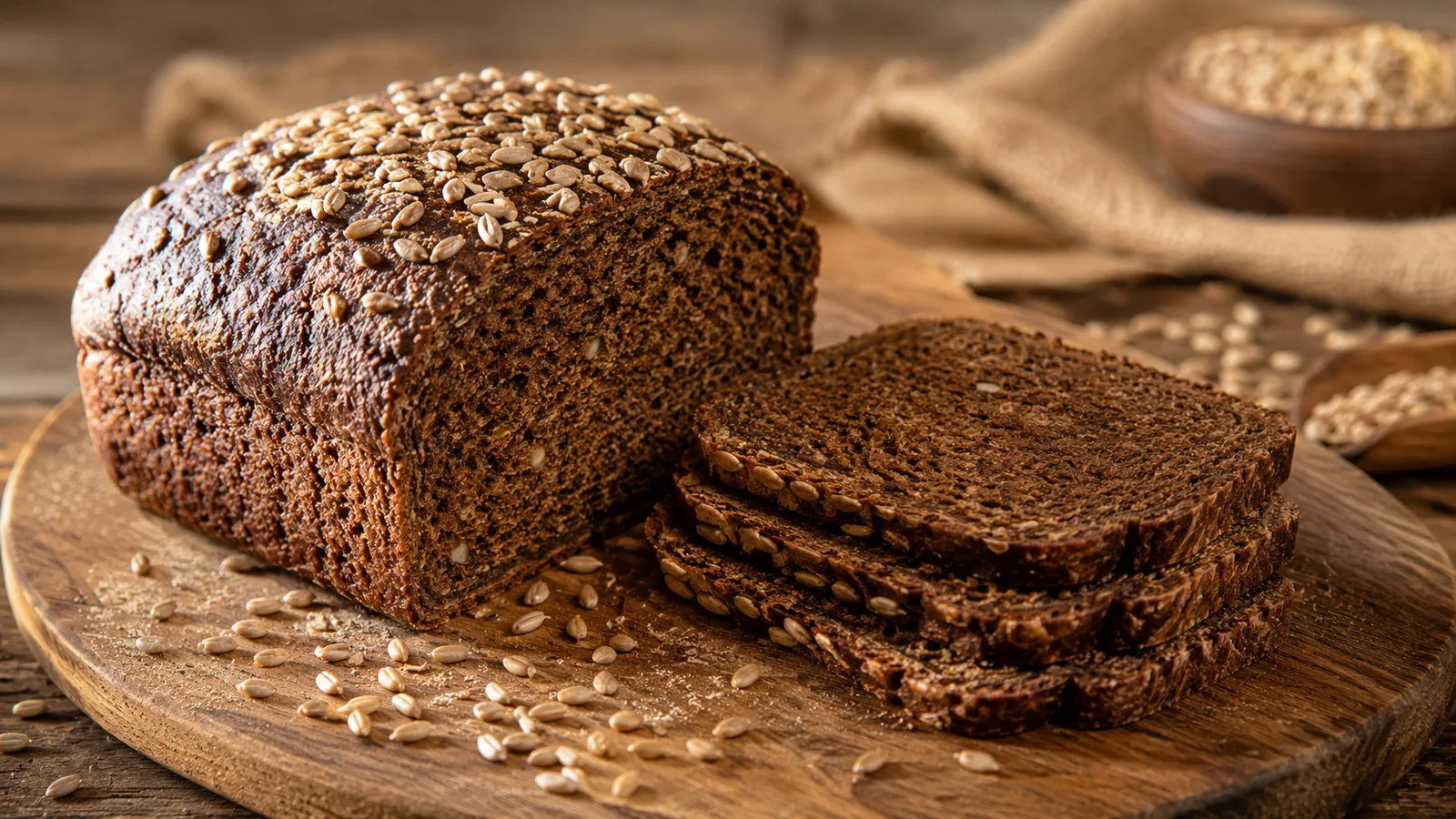 Dunkle, kompakte Pumpernickel-Scheiben ohne Kruste auf einem Holzbrett