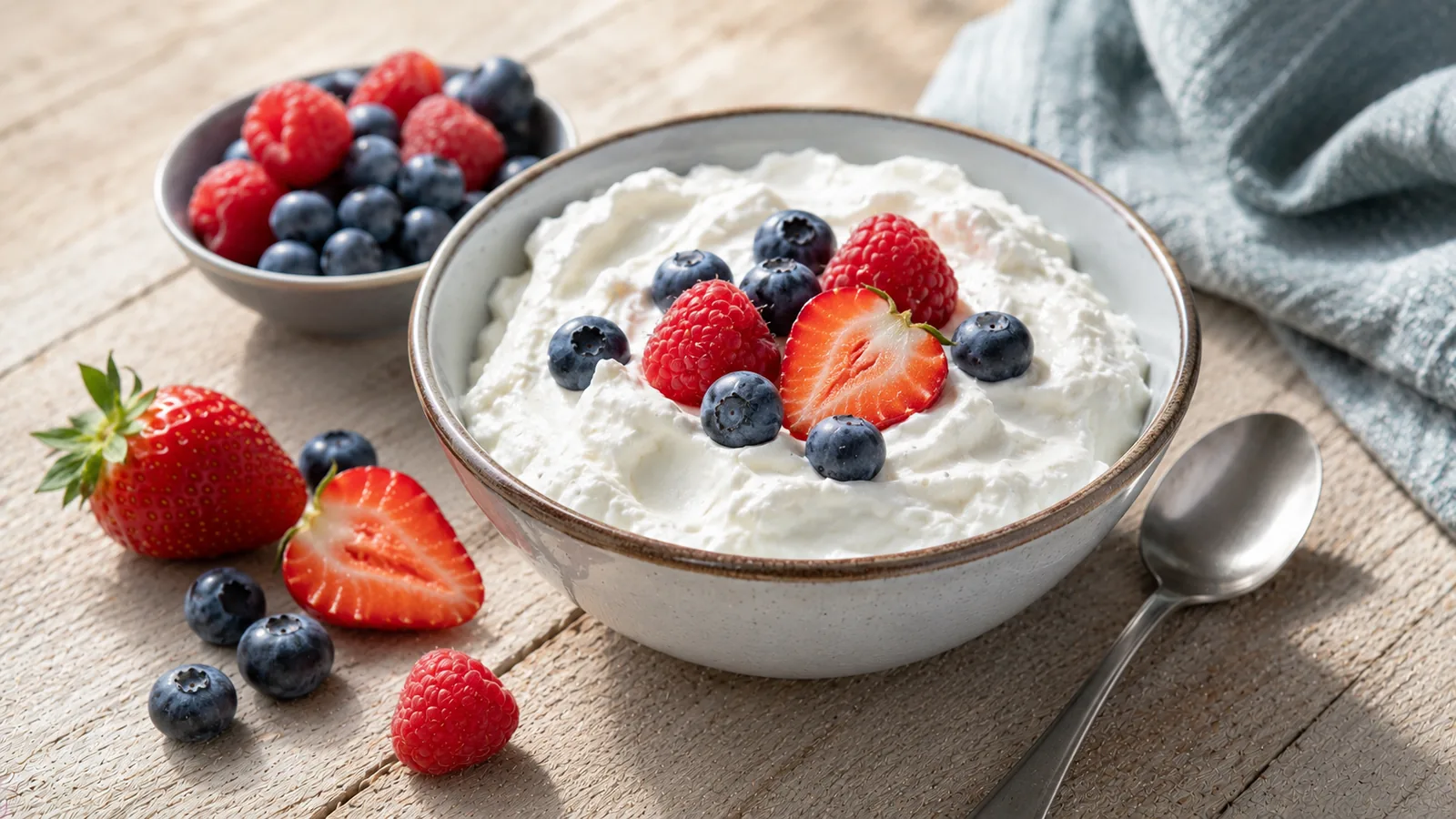 Schüssel mit cremigem Quark, daneben frische Beeren und ein Löffel auf hellem Holztisch