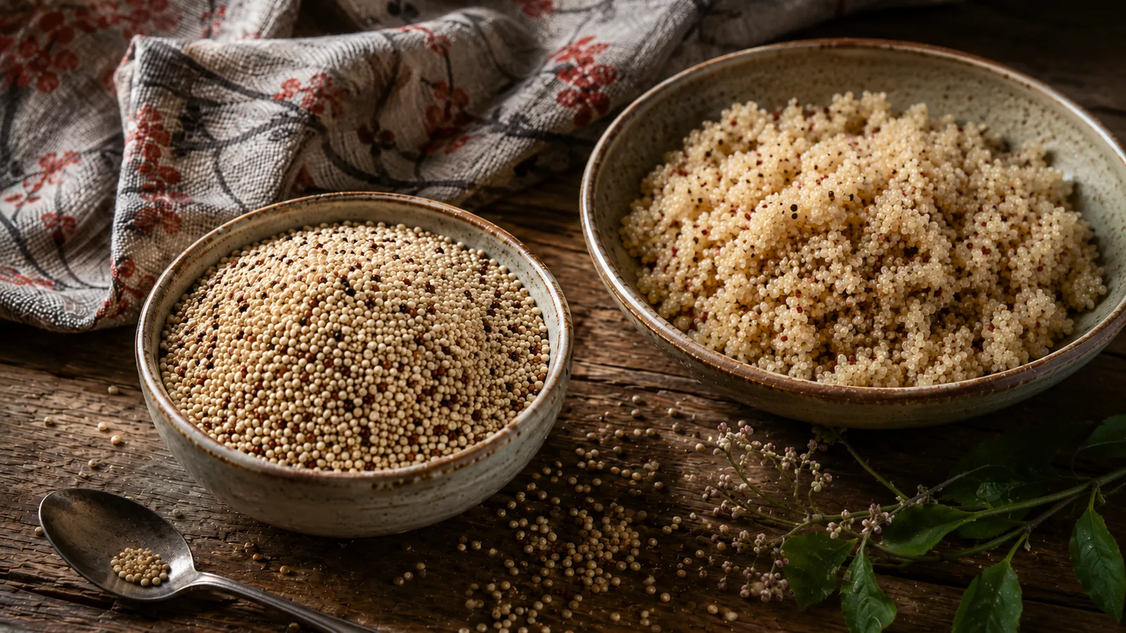 Rohe weiße Quinoa-Samen in einer Keramikschale, daneben eine Schale mit gekochtem, locker aufgeschütteltem Quinoa