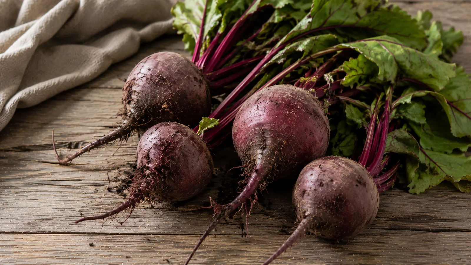 Aufgeschnittene Rote Beete mit tief purpurroten Ringen auf einem Holzbrett