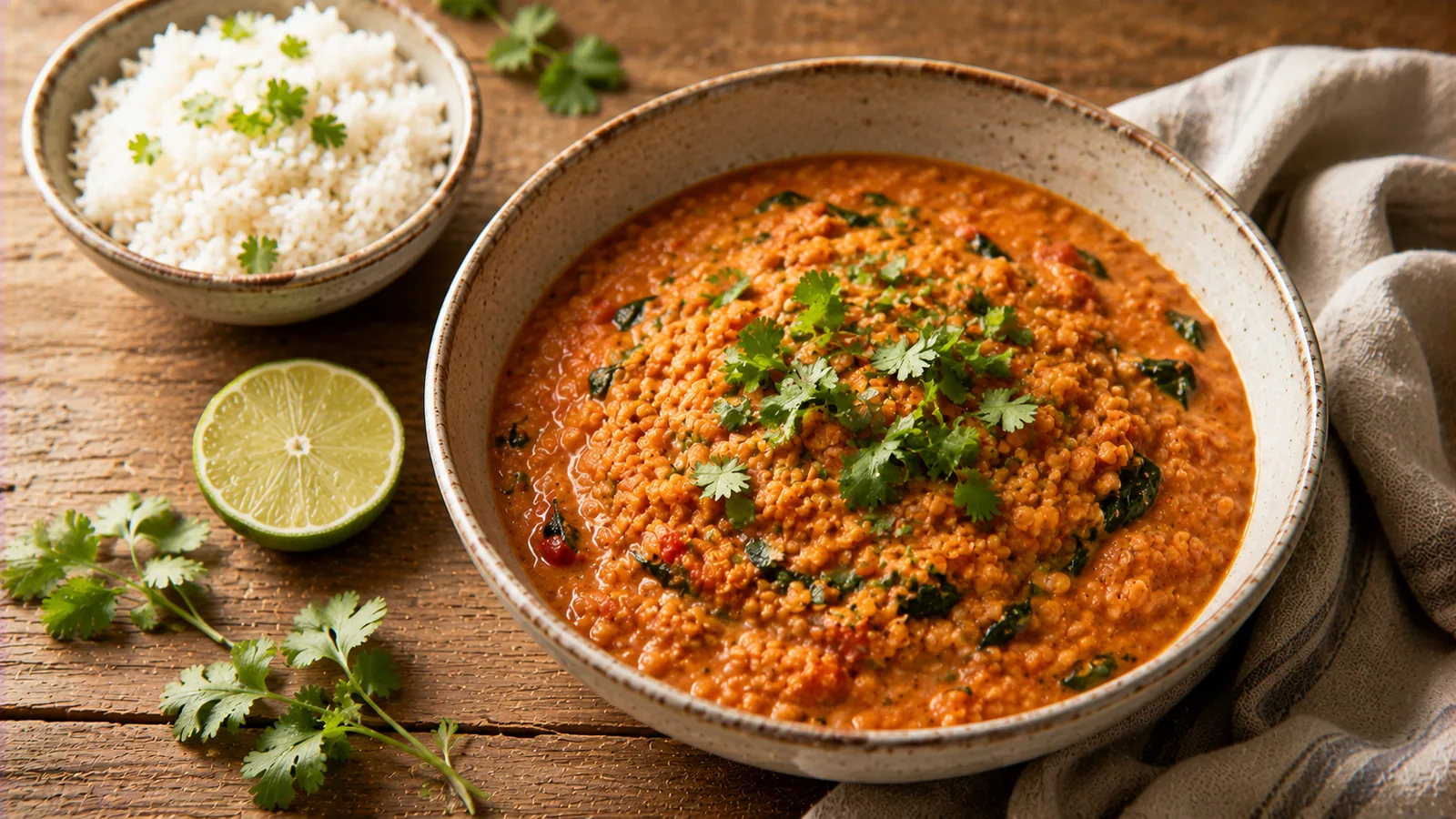 Rotes Linsencurry mit Kokosmilch in einer Schale, garniert mit frischem Koriander