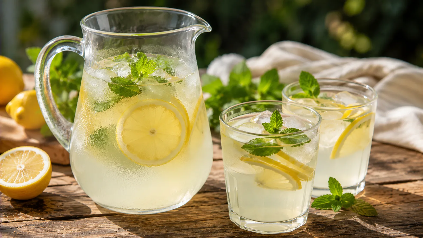 Karaffe mit selbst gemachter Zitronenlimonade, Zitronenscheiben, Eiswürfeln und Minze neben zwei gefüllten Gläsern