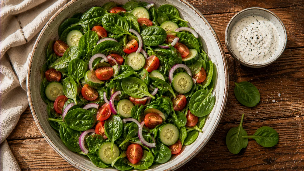Frischer Spinatsalat mit Joghurtdressing