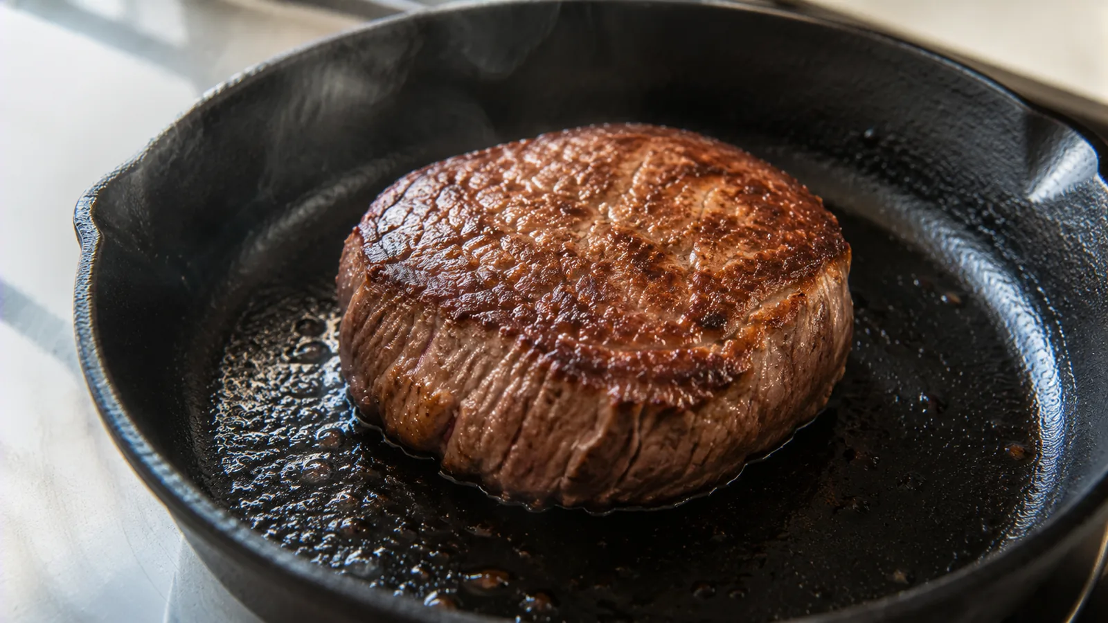 Mageres Rindersteak wird ohne zusätzliches Fett in einer heißen Gusseisenpfanne gebraten