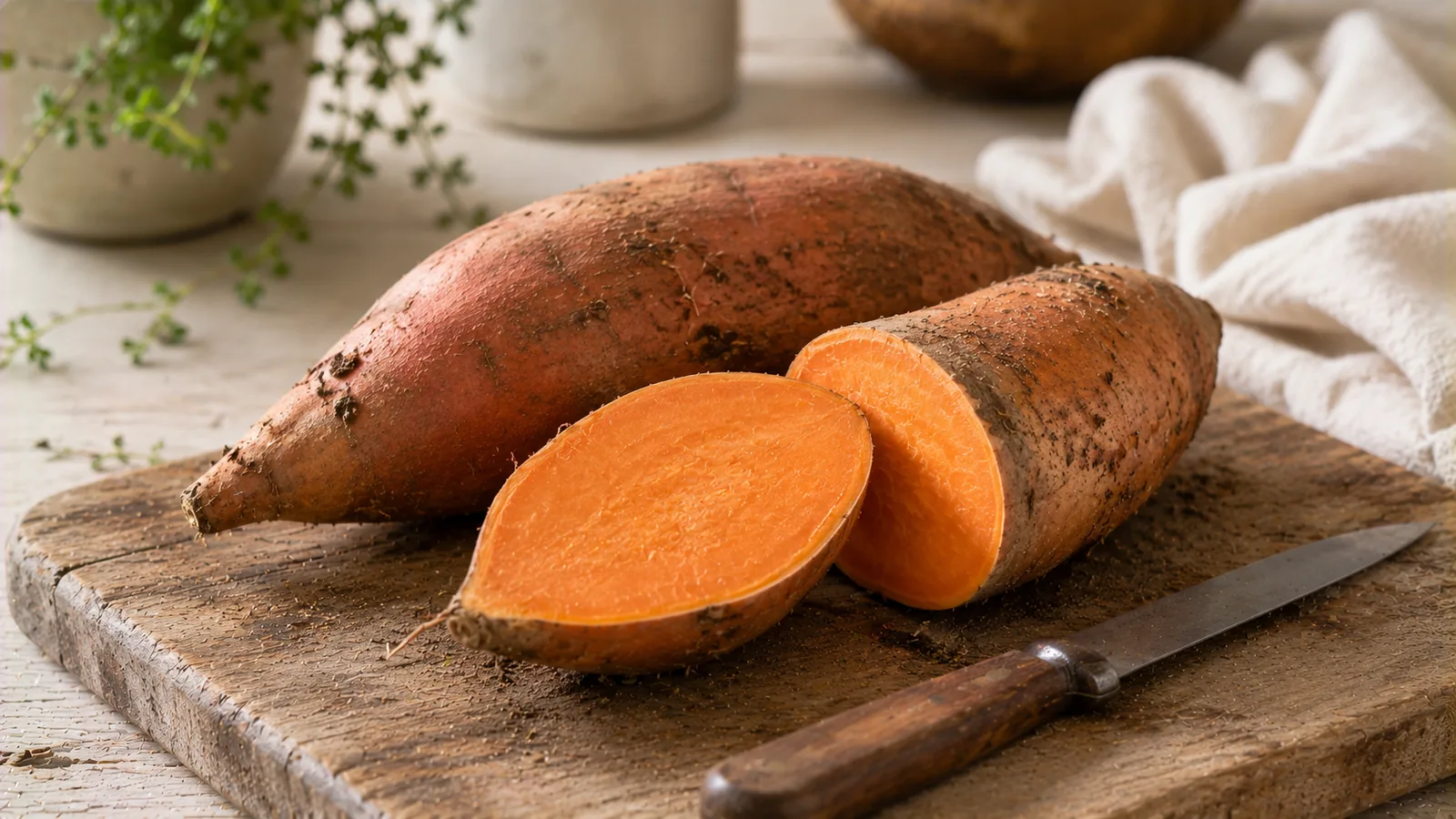 Zwei rohe orangefarbene Süßkartoffeln, eine davon halbiert mit sichtbar leuchtendem Fruchtfleisch, auf einem Holzbrett