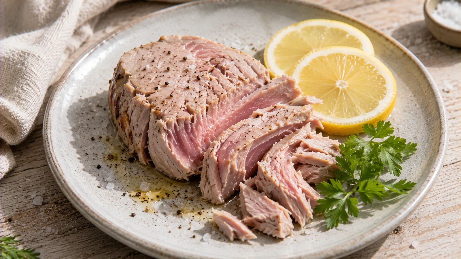 Geöffnete Dose Thunfisch im eigenen Saft neben frischem Thunfischfilet und Zitrone auf einem Holzbrett