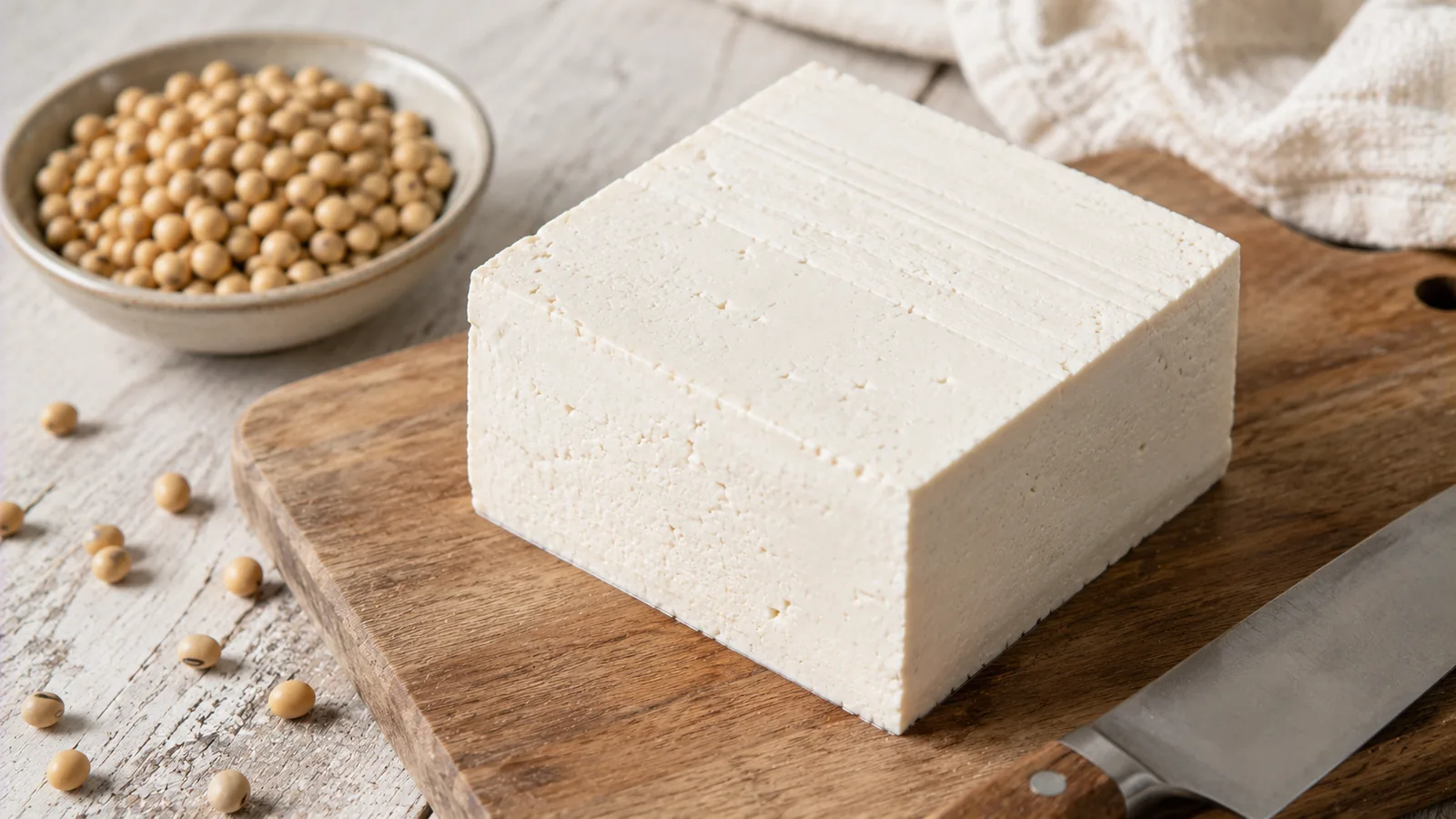 Würfel aus gebratenem Naturtofu mit goldbrauner Kruste in einer Pfanne