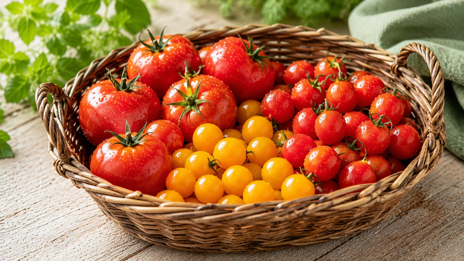 Reife rote Rispentomaten und bunte Tomatensorten in einer offenen Schale auf einem Holztisch