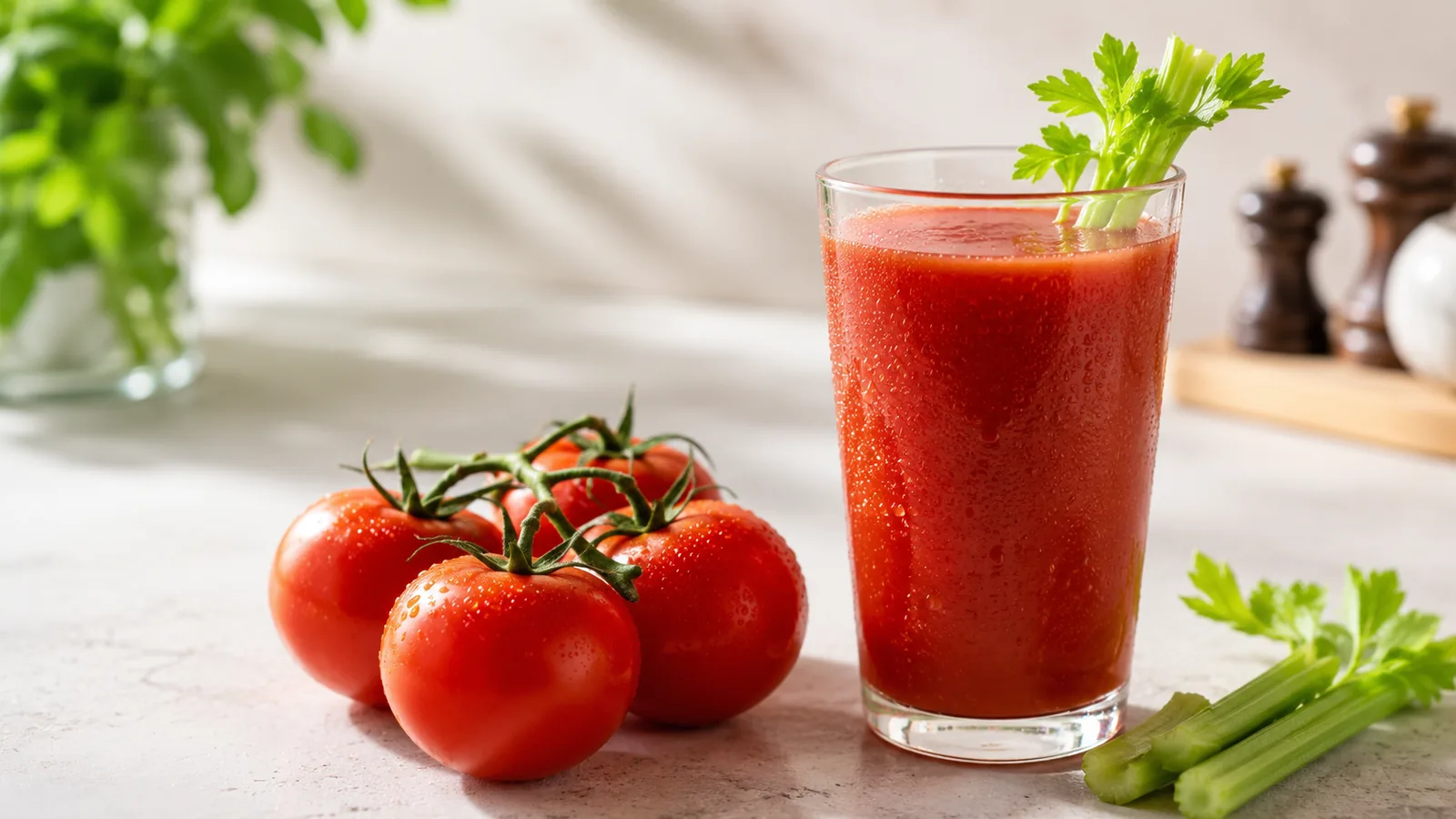 Glas frisch gepresster Tomatensaft neben reifen roten Tomaten auf einem Holztisch