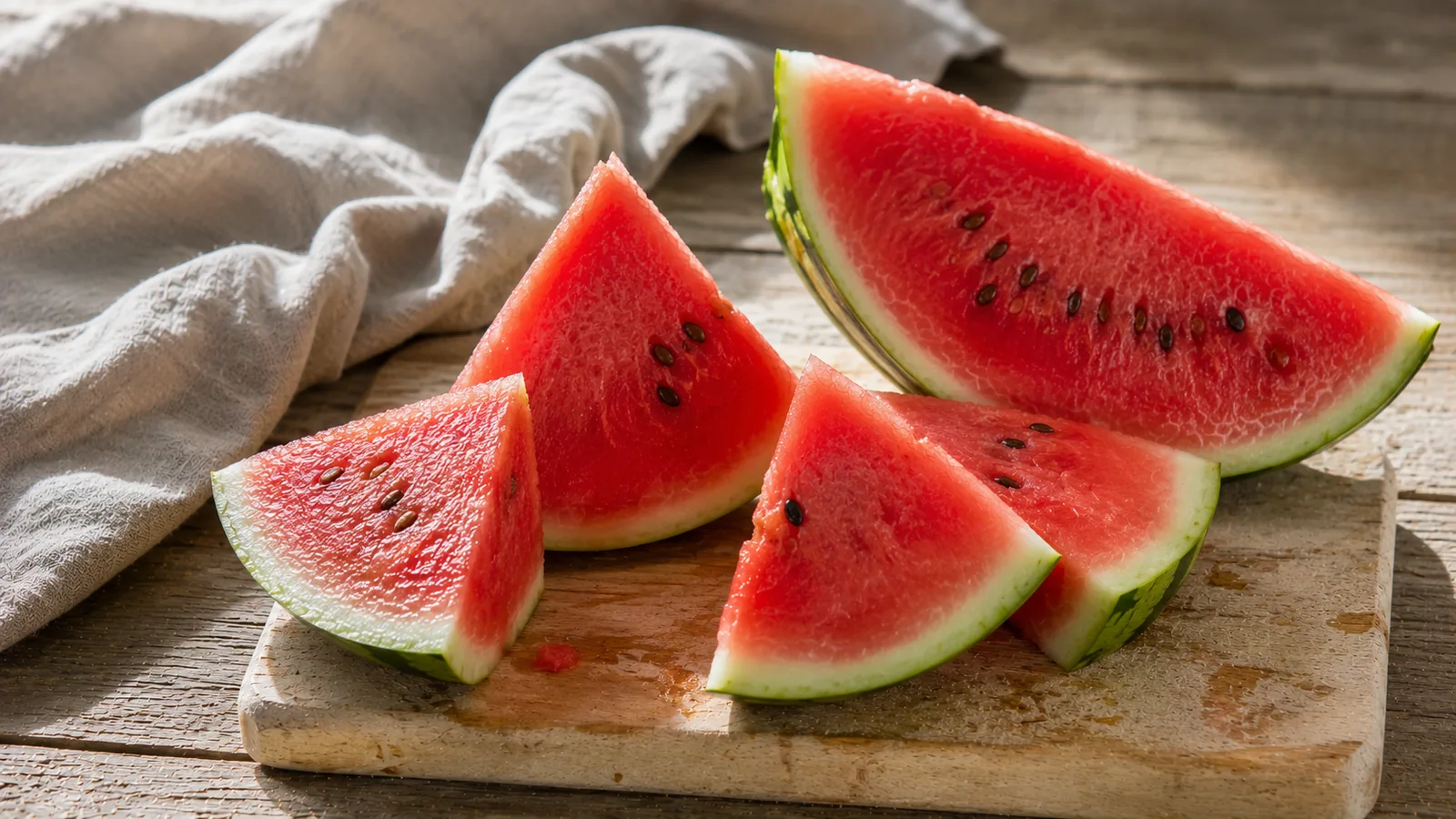 Aufgeschnittene Wassermelone mit tiefrotem Fruchtfleisch und dunklen Kernen auf einem Holzbrett