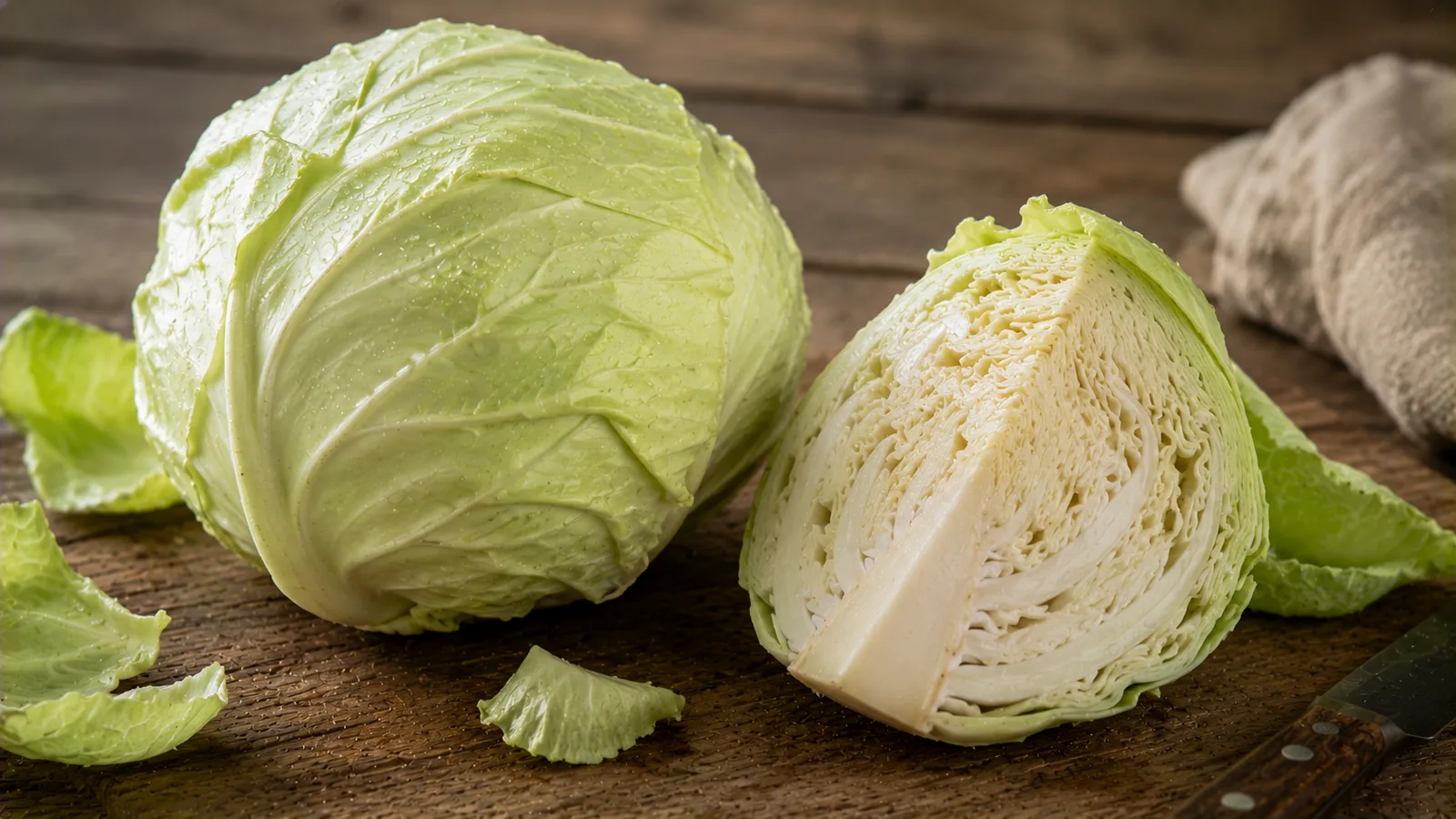 Ganzer Kopf frischer Weißkohl mit hellgrünen Außenblättern, daneben ein aufgeschnittenes Viertel mit dicht geschichteten Blättern