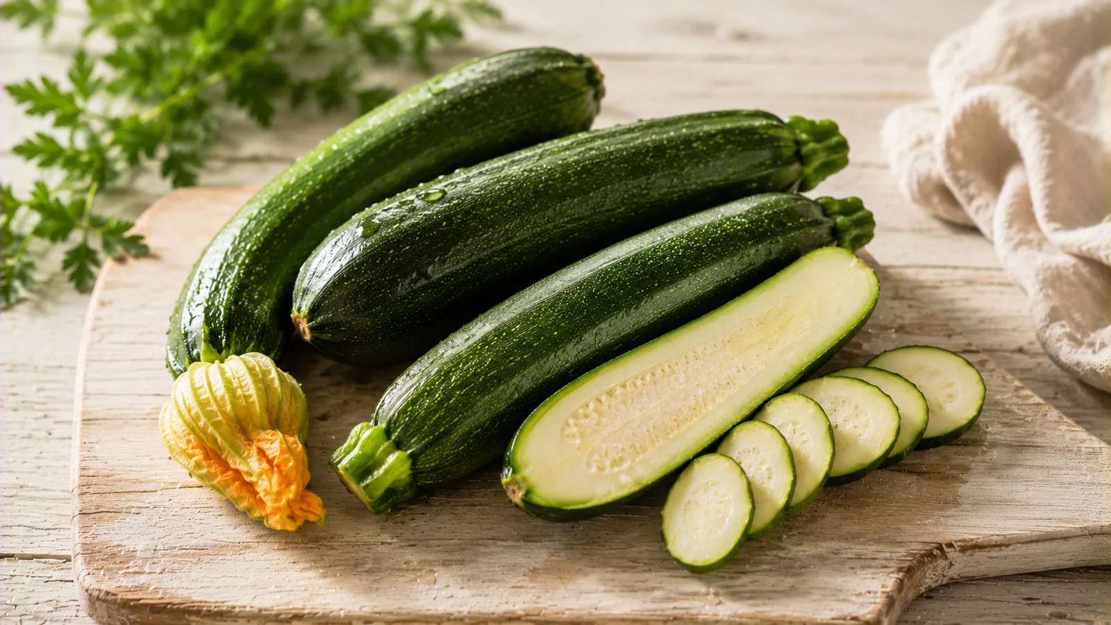 Frische grüne Zucchini mit glänzender Schale und Blütenansatz auf einem Holzbrett